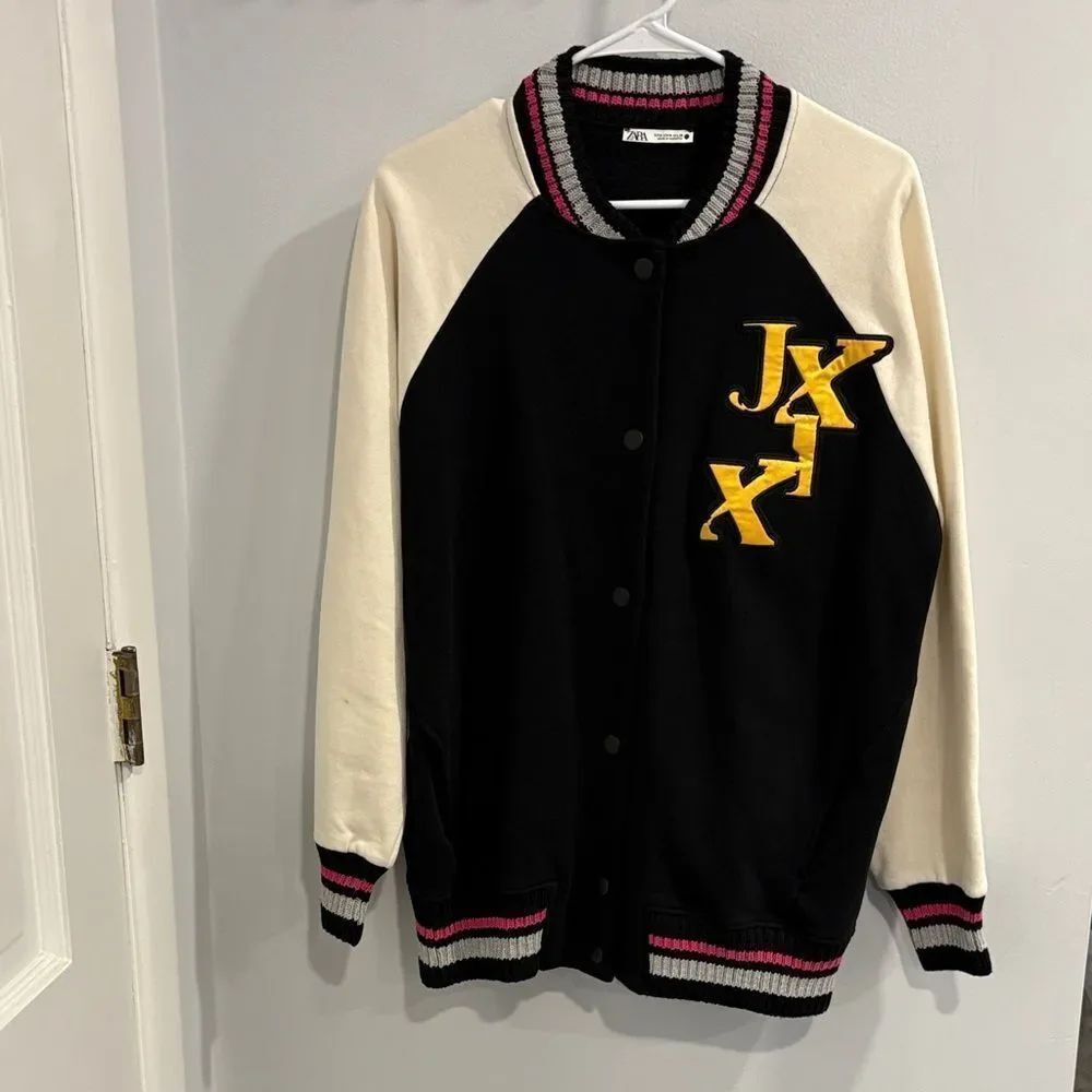 Zara Black and Cream Bomber Jacket with Yellow Accents NWOT